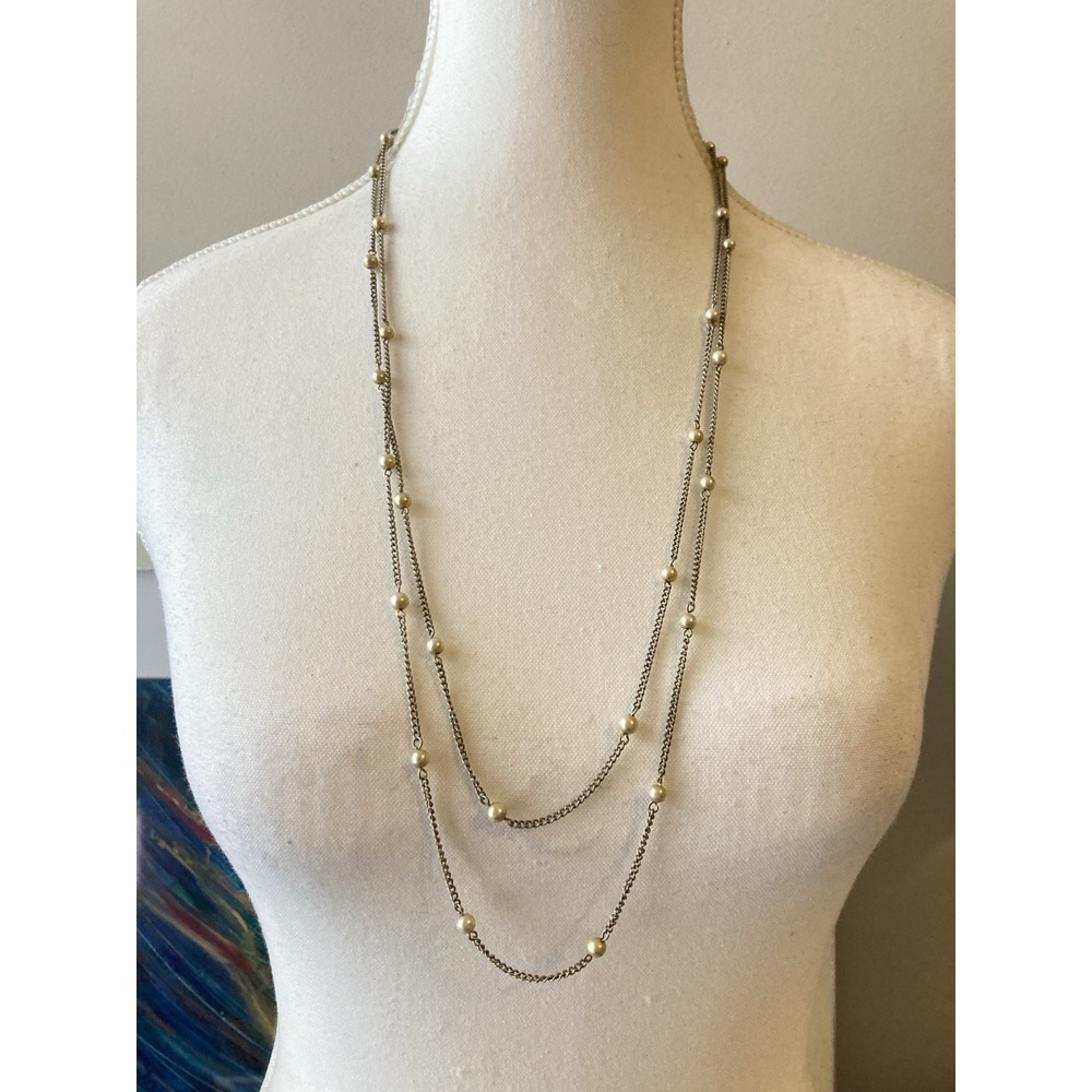 Faux Pearl Station Necklace Silver Tone Chain Long Layered Minimalist Dainty 30"